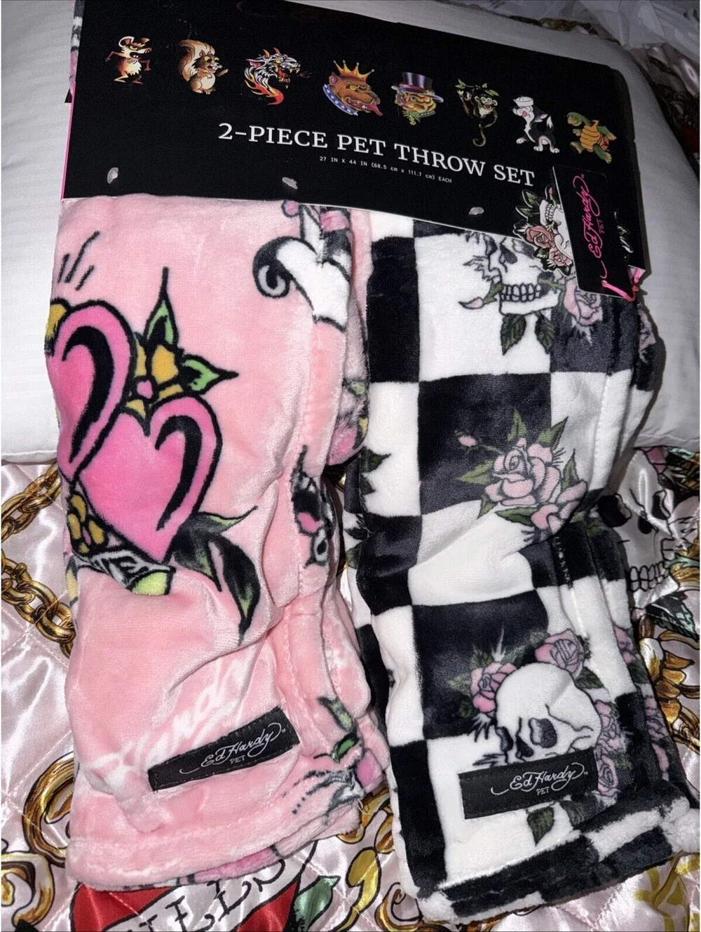 Ed Hardy 2pc Pet Throw Set Pink & Black White Checkered 27x44 Each NWT